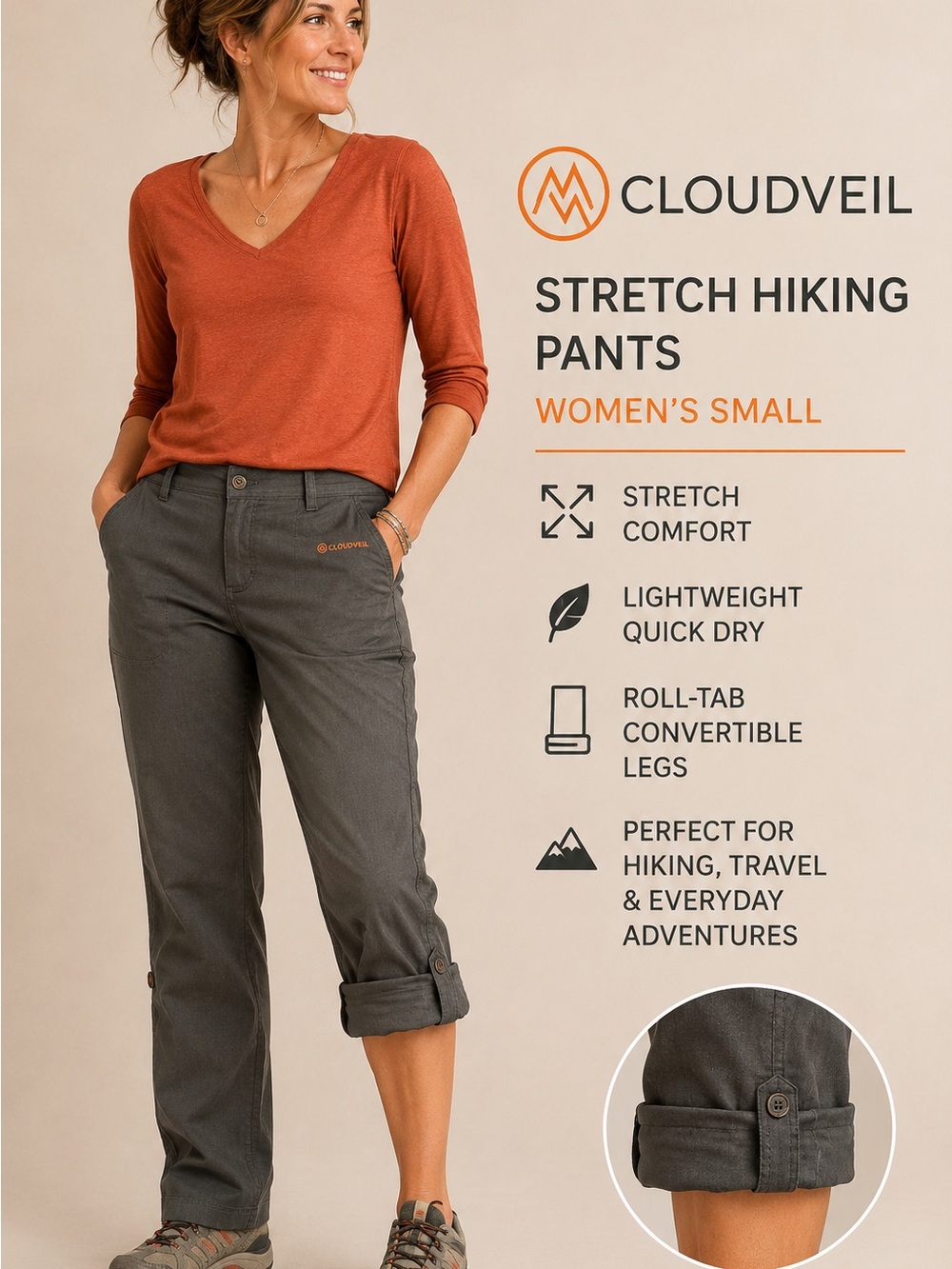Cloudveil Performance Hiking Travel Pants Small | Stretch Roll-Up pant, S
